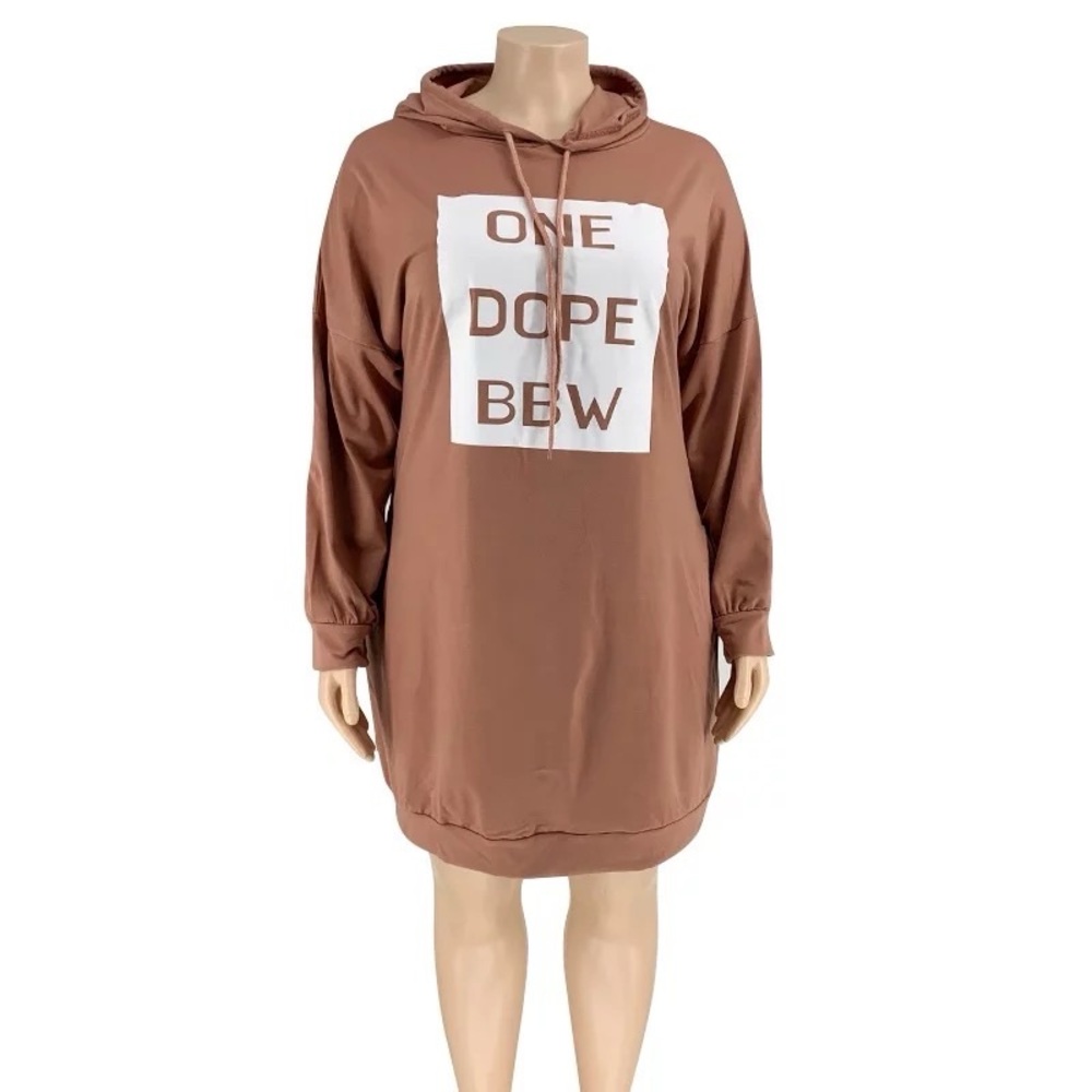 Brown Hoodie Dress with Graphic Print - Picture 2 of 5